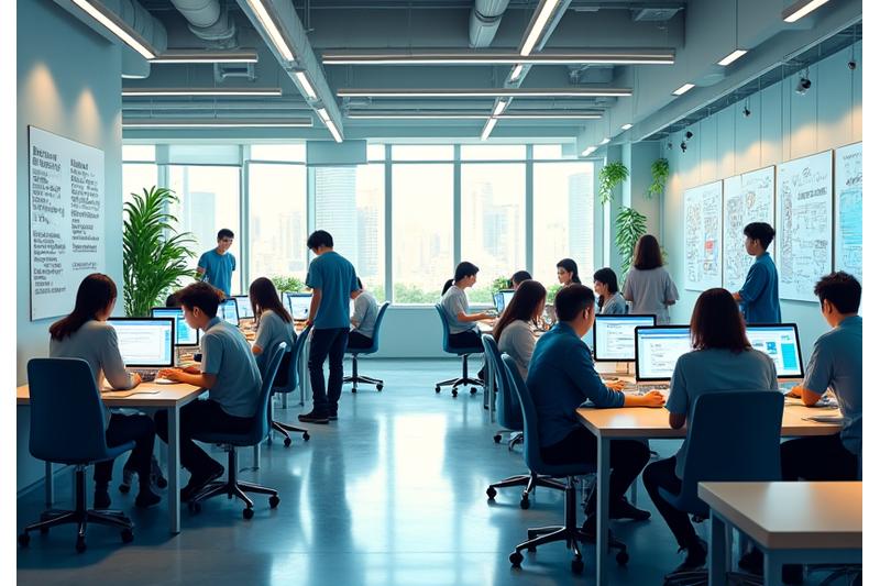 수평적 조직문화를 나타내는 활발한 팀 협업 사무실