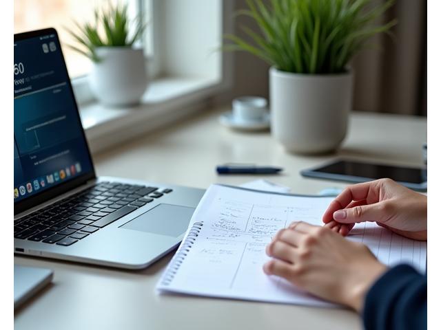 깔끔하게 정리된 책상 위에서 노트북과 플래너를 활용하여 시간 관리를 하는 사람의 손