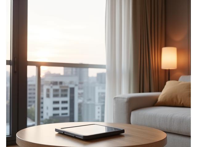 서울의 현대적인 아파트 거실에서 스마트폰으로 물결라이프 스마트홈 제어하는 모습