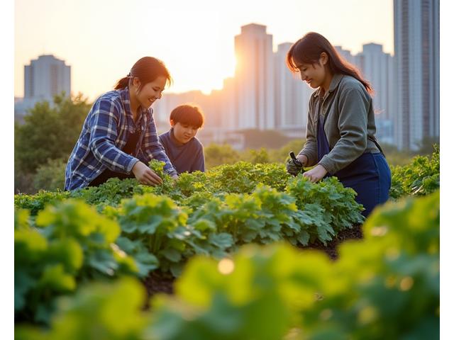서울 도심의 옥상 텃밭에서 직접 채소를 수확하는 친환경적인 활동